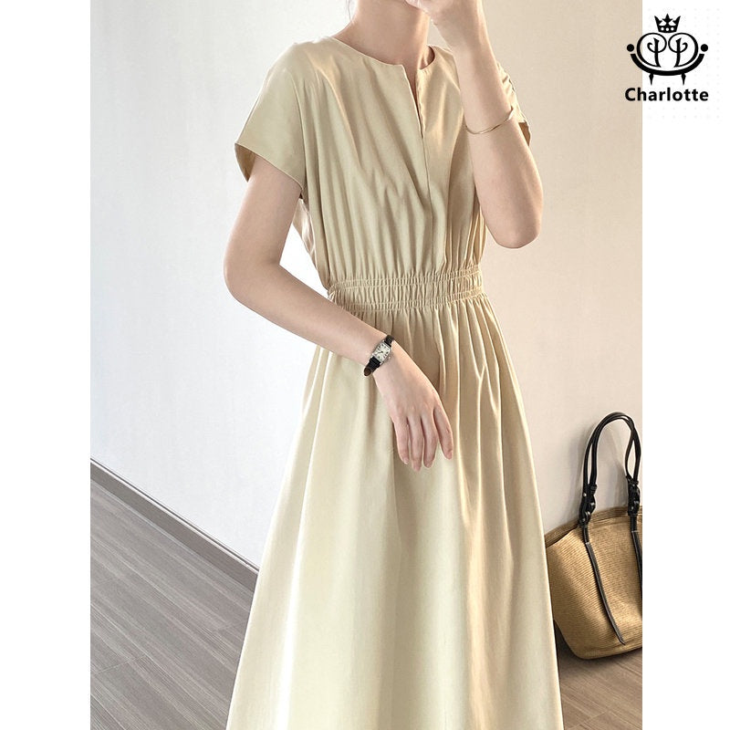 French style imitation linen dress V-neck dress V-neck waist style A-line long skirt [CHSK111]