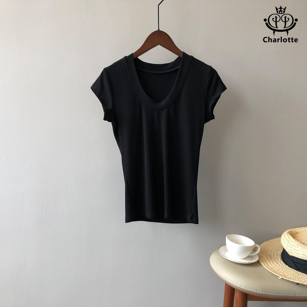 French simple U-neck slim stretch short-sleeved T-shirt cool short T [CHT18]