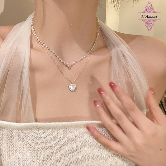 Fashionable and scheming pearl love double-layer necklace fresh and sweet clavicle chain [LA139]