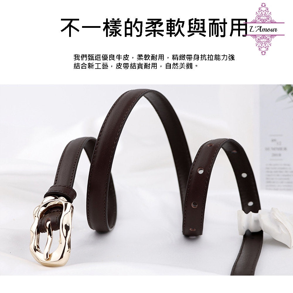 British irregular oval metal buckle belt calfskin pin buckle belt [LA132]