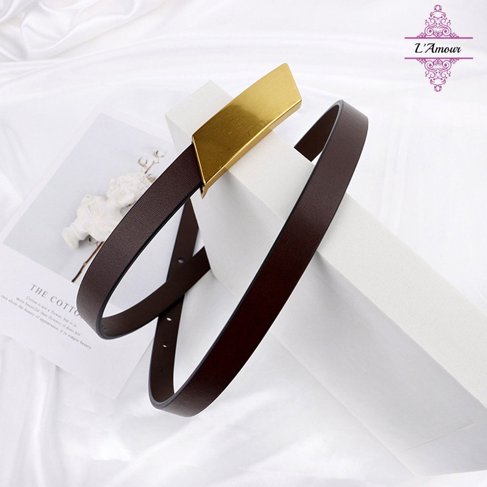 French taste Paris metallic leather belt geometric quadrilateral belt genuine leather elegant belt [LA126]