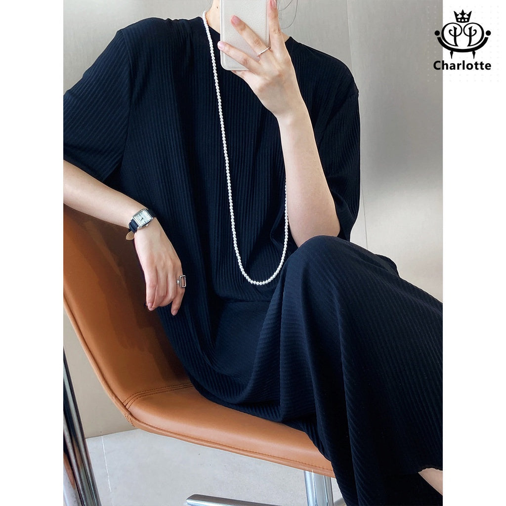 Cool and slippery summer lazy pullover pleated T-shirt long dress drapey dress [CHSK99]