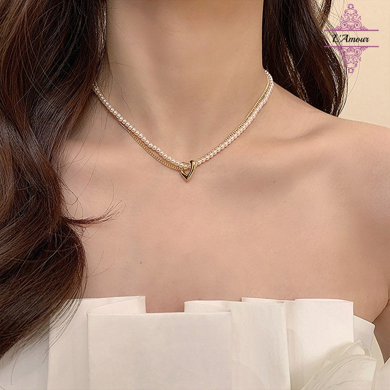 Fashionable and scheming pearl love double-layer necklace fresh and sweet clavicle chain [LA139]