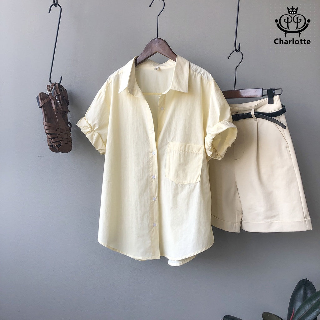 French solid color short-sleeved shirt lapel shirt [CHSH91]