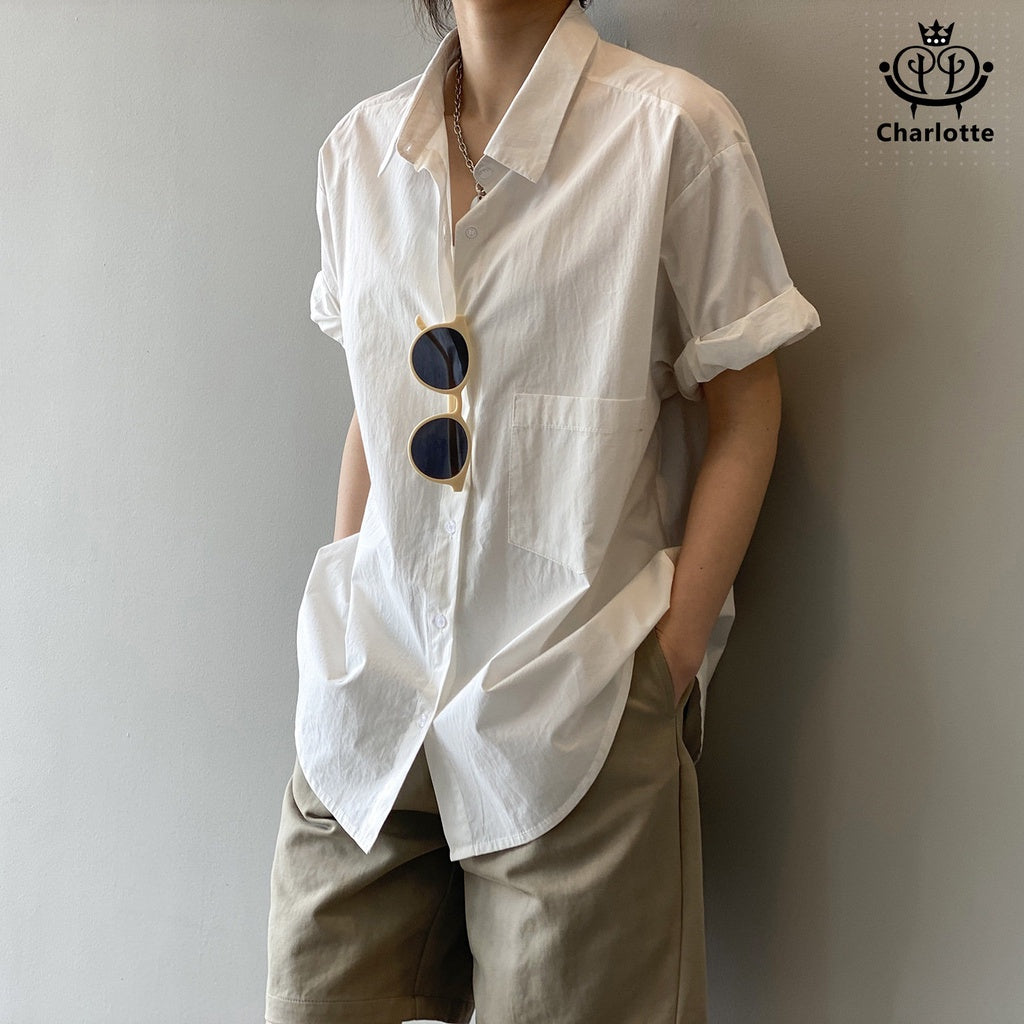 French solid color short-sleeved shirt lapel shirt [CHSH91]