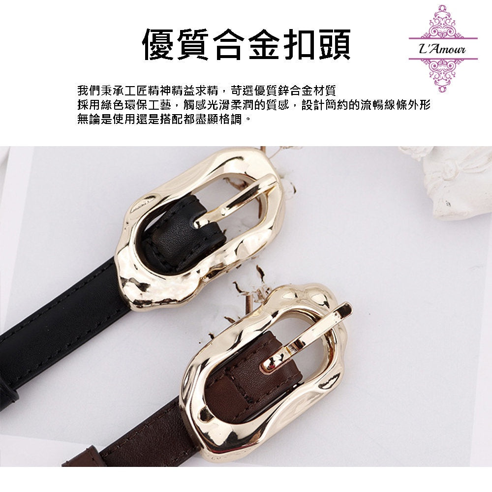 British irregular oval metal buckle belt calfskin pin buckle belt [LA132]