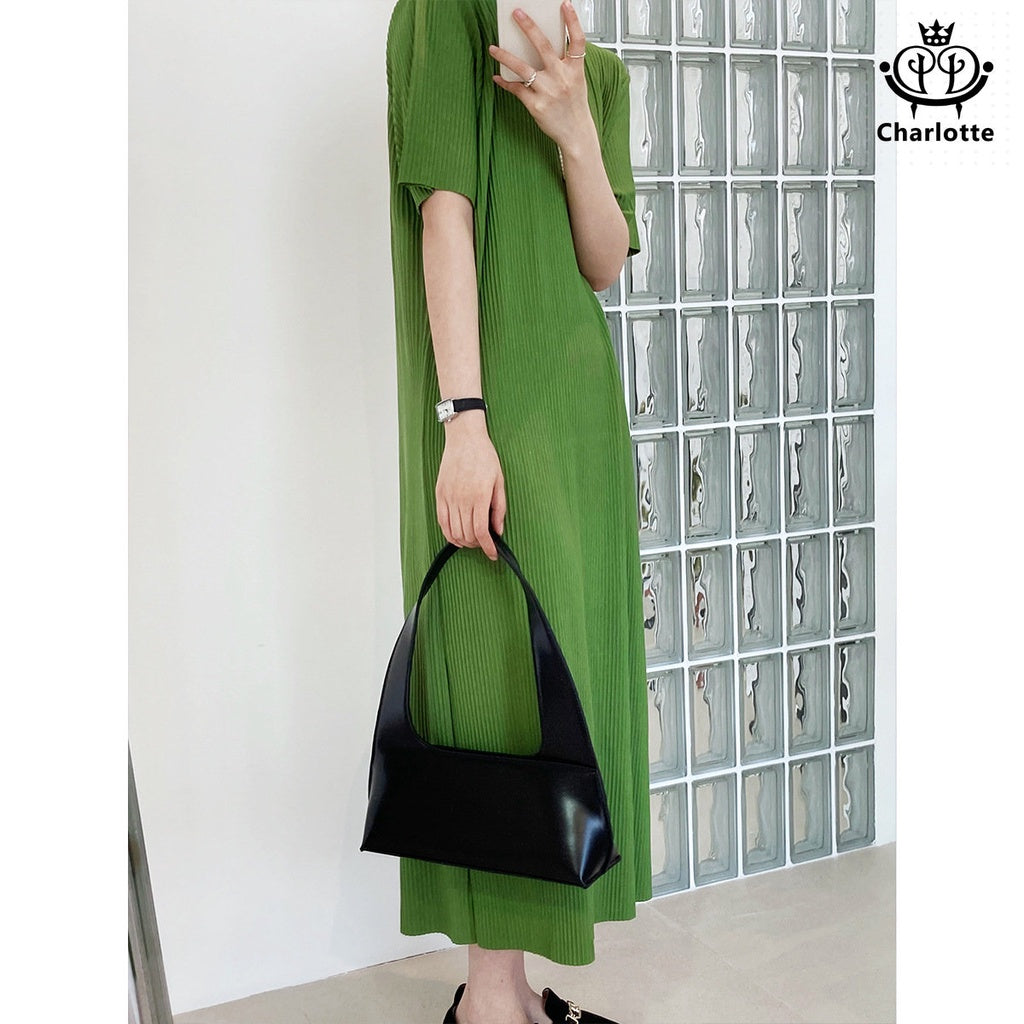 Cool and slippery summer lazy pullover pleated T-shirt long dress drapey dress [CHSK99]