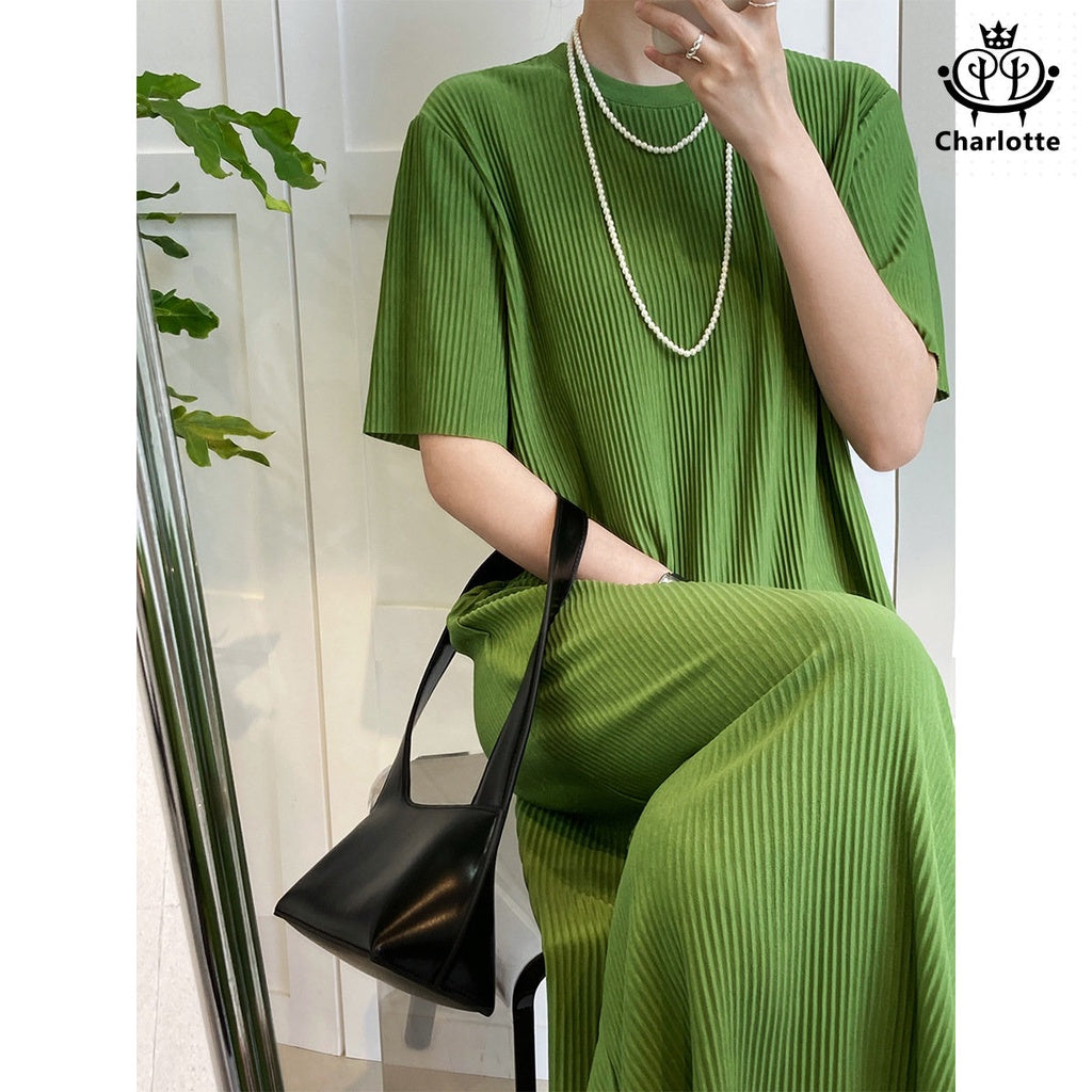 Cool and slippery summer lazy pullover pleated T-shirt long dress drapey dress [CHSK99]