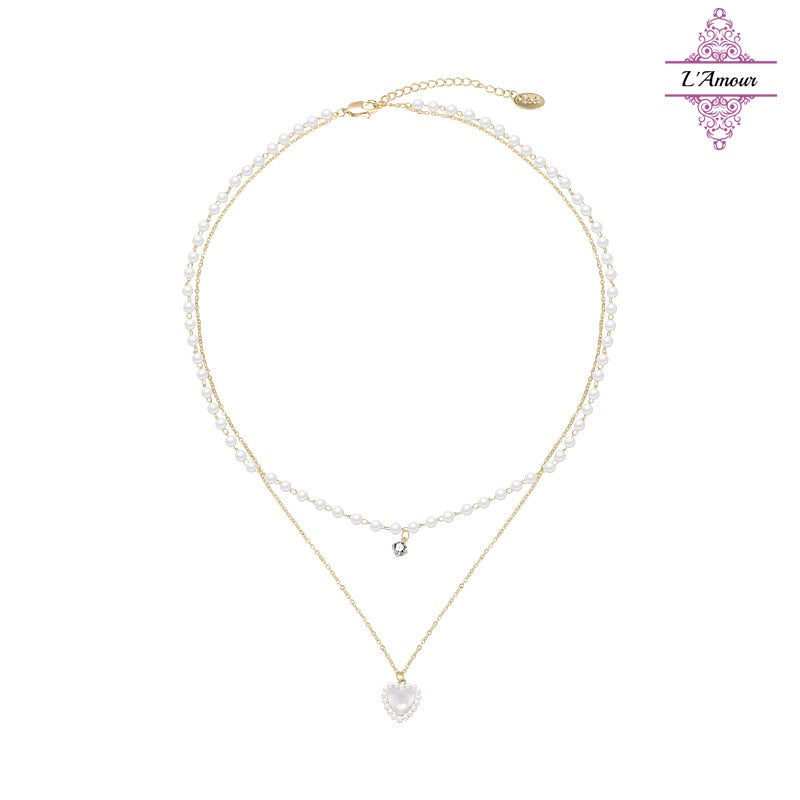 Fashionable and scheming pearl love double-layer necklace fresh and sweet clavicle chain [LA139]