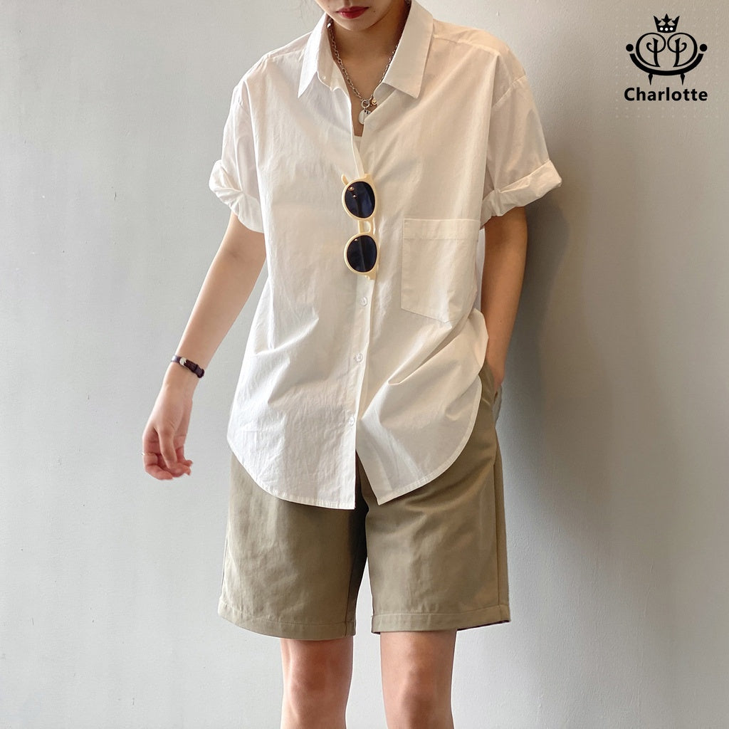 French solid color short-sleeved shirt lapel shirt [CHSH91]