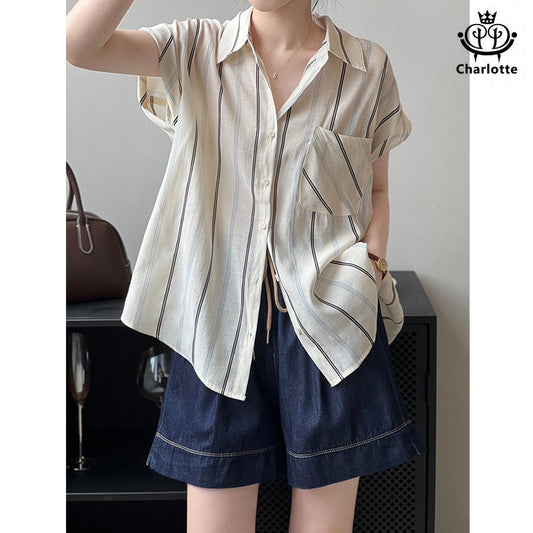 French short-sleeved vertical striped shirt Tencel shirt [CHSH97]