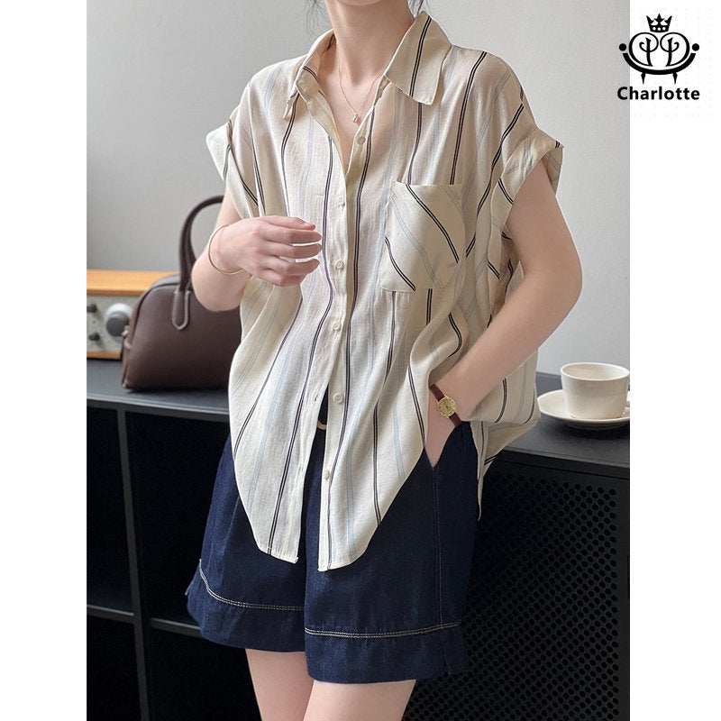 French short-sleeved vertical striped shirt Tencel shirt [CHSH97]