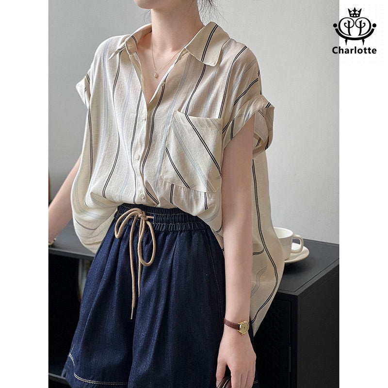 French short-sleeved vertical striped shirt Tencel shirt [CHSH97]