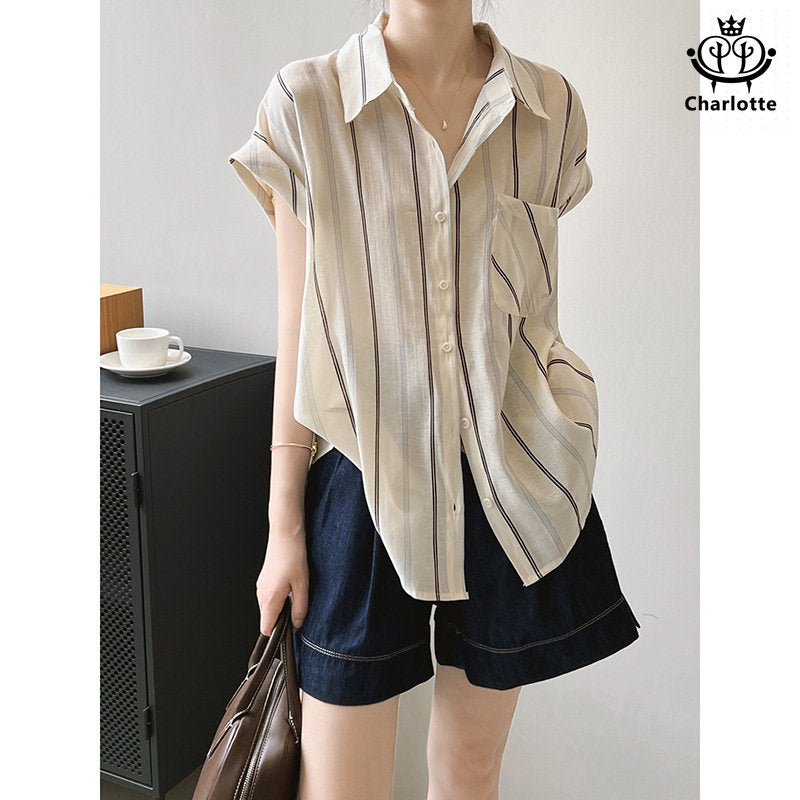 French short-sleeved vertical striped shirt Tencel shirt [CHSH97]