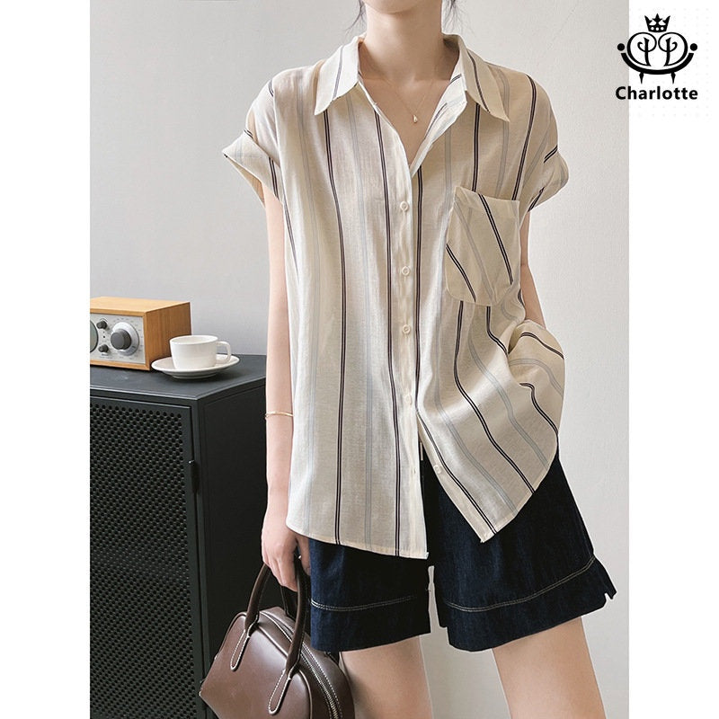 French short-sleeved vertical striped shirt Tencel shirt [CHSH97]