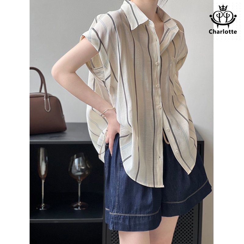 French short-sleeved vertical striped shirt Tencel shirt [CHSH97]