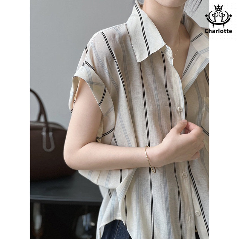 French short-sleeved vertical striped shirt Tencel shirt [CHSH97]