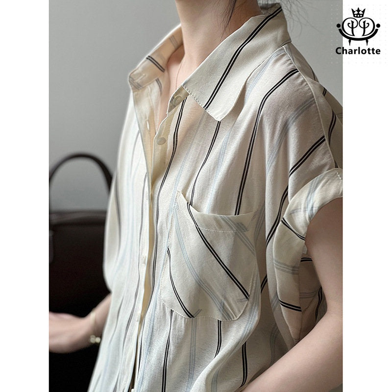 French short-sleeved vertical striped shirt Tencel shirt [CHSH97]