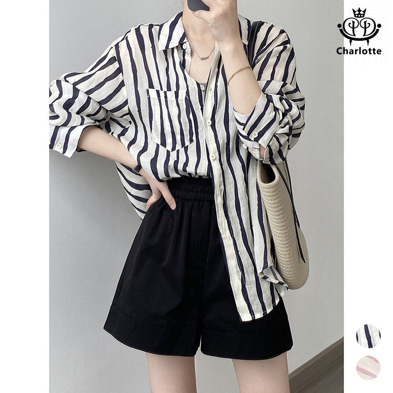 French linen casual vertical striped long-sleeved shirt sun protection shirt [CHSH98]