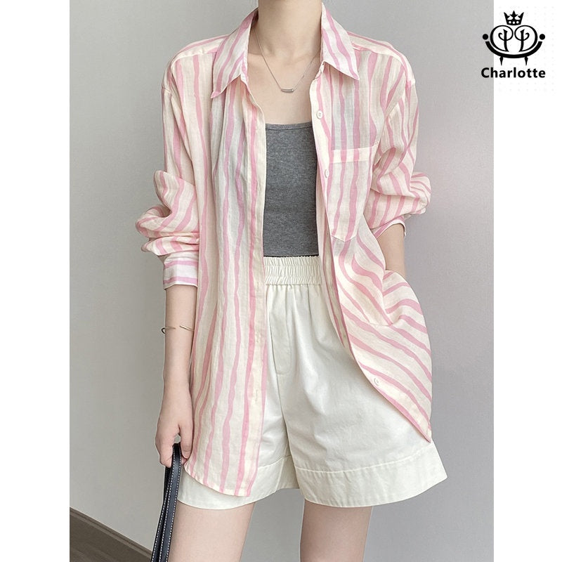 French linen casual vertical striped long-sleeved shirt sun protection shirt [CHSH98]