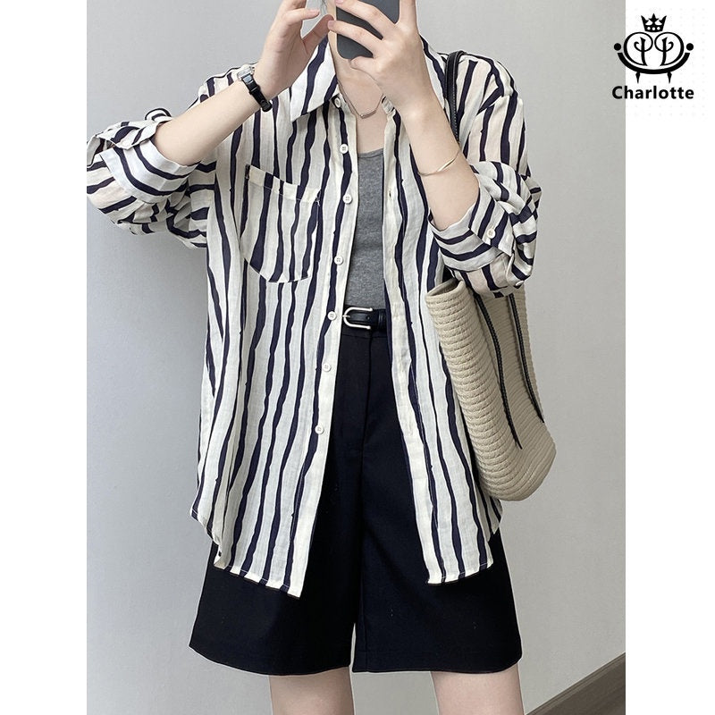 French linen casual vertical striped long-sleeved shirt sun protection shirt [CHSH98]