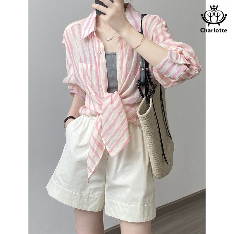 French linen casual vertical striped long-sleeved shirt sun protection shirt [CHSH98]