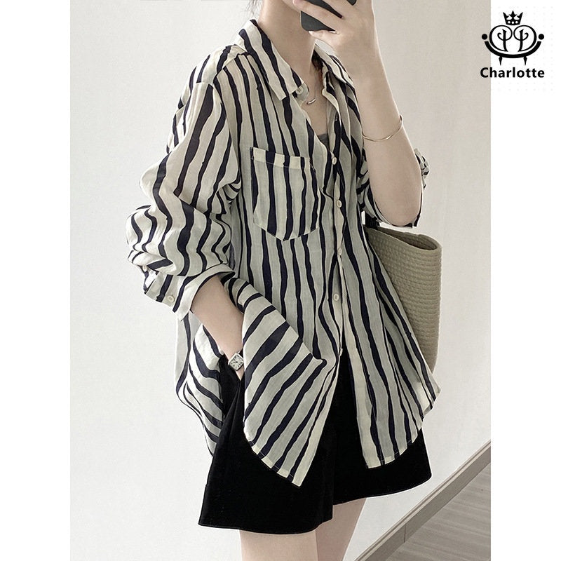 French linen casual vertical striped long-sleeved shirt sun protection shirt [CHSH98]