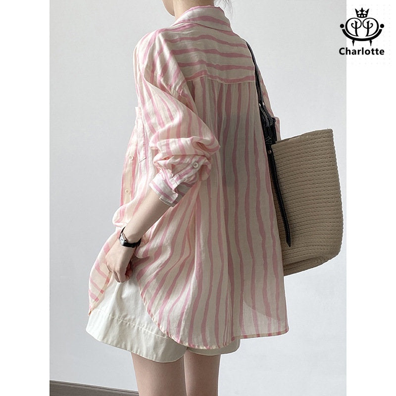 French linen casual vertical striped long-sleeved shirt sun protection shirt [CHSH98]