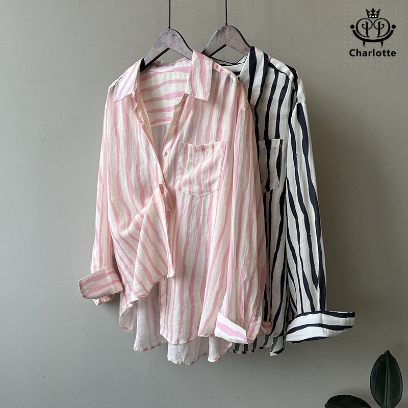 French linen casual vertical striped long-sleeved shirt sun protection shirt [CHSH98]