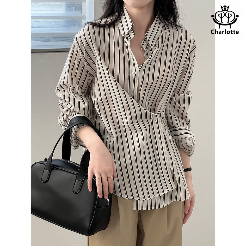 French classic black and white striped shirt long-sleeved shirt lapel shirt [CHSH90]