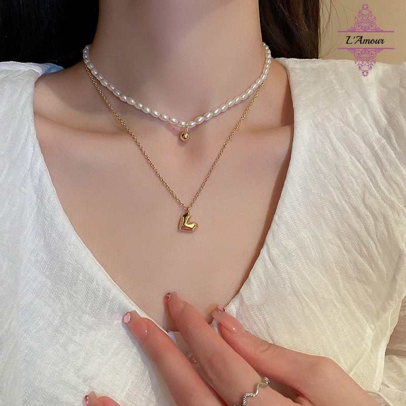 Fashionable and scheming pearl love double-layer necklace fresh and sweet clavicle chain [LA139]