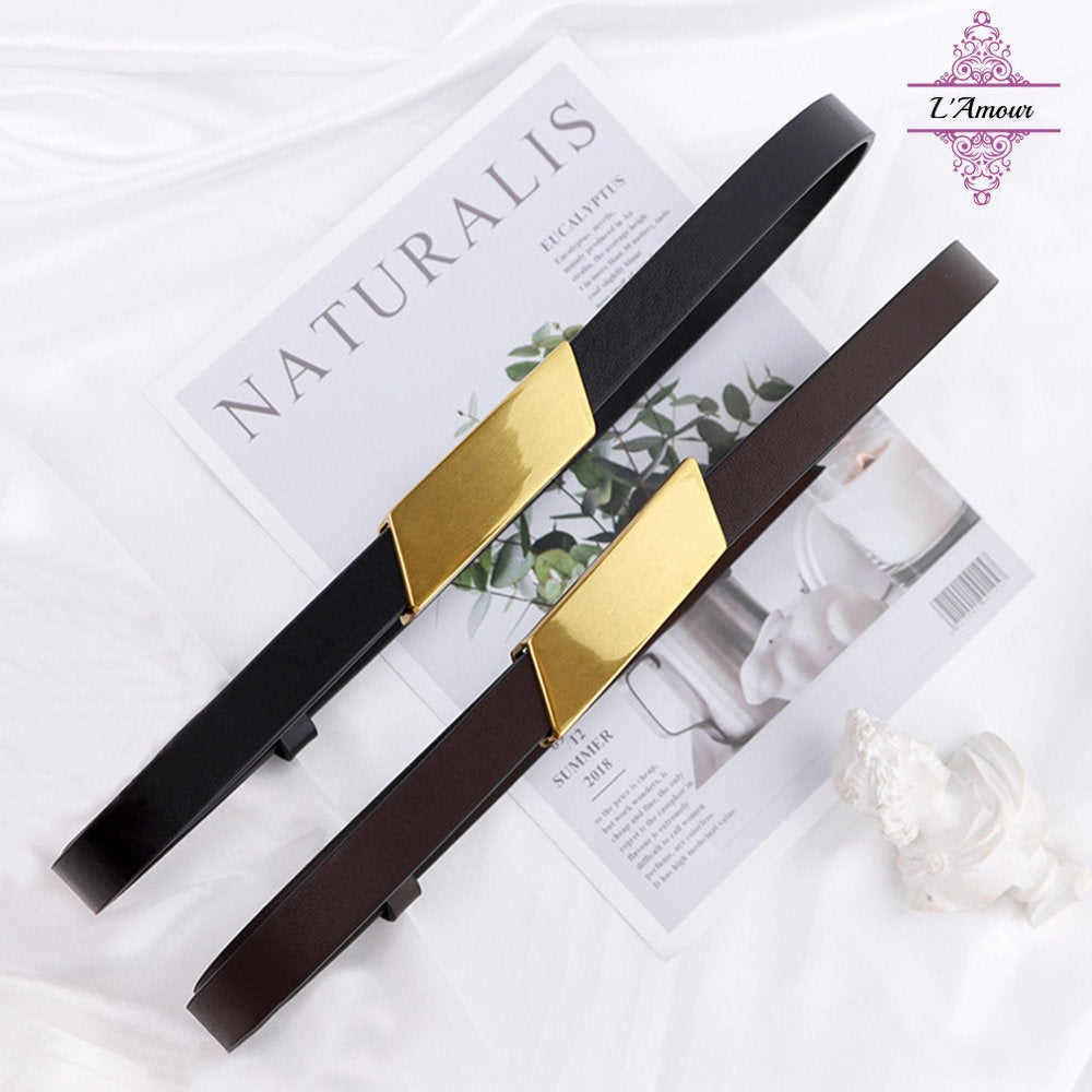 French taste Paris metallic leather belt geometric quadrilateral belt genuine leather elegant belt [LA126]