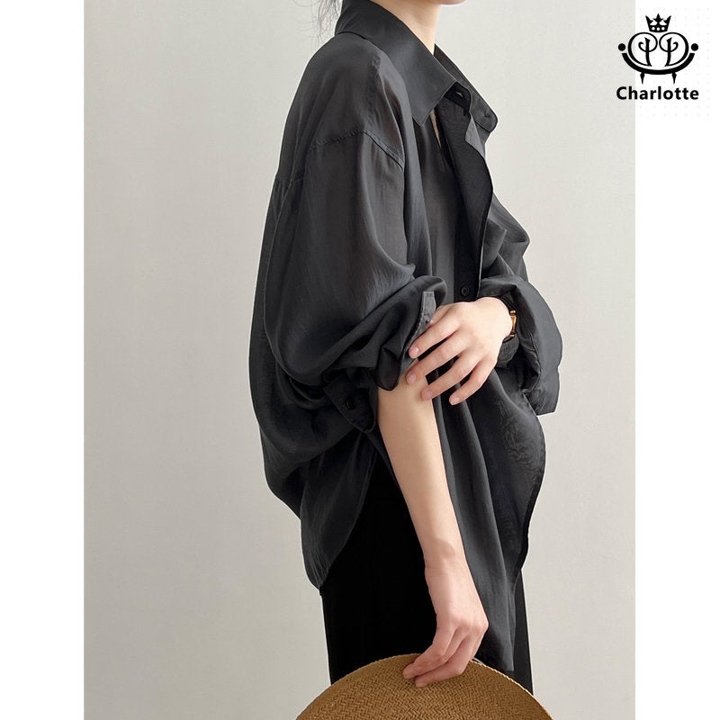 French thin Tencel earring shirt loose slim shirt Tencel thin shirt [CHSH93]