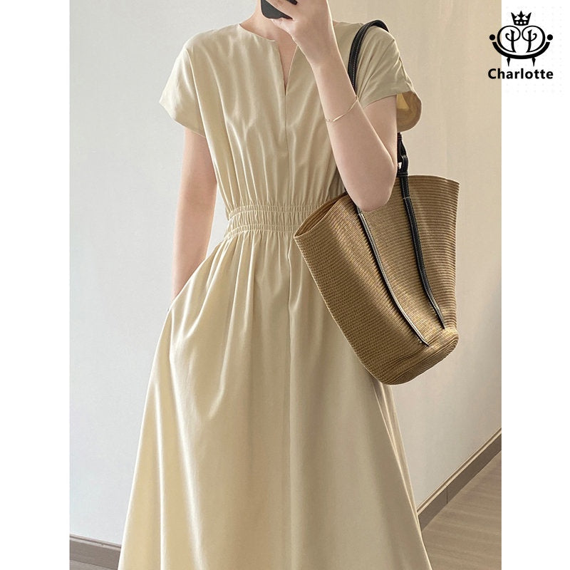 French style imitation linen dress V-neck dress V-neck waist style A-line long skirt [CHSK111]