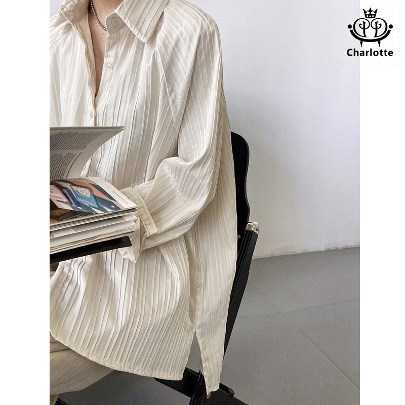 French simple textured vertical striped shirt long-sleeved shirt pleated short front and long back shirt [CHSH89]