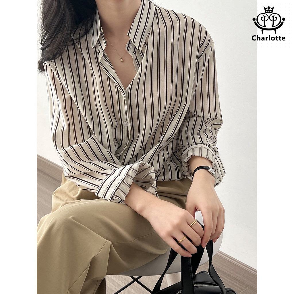 French classic black and white striped shirt long-sleeved shirt lapel shirt [CHSH90]