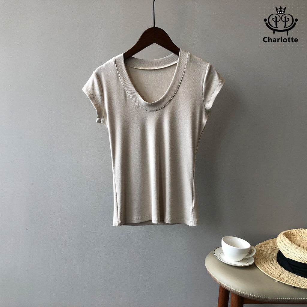 French simple U-neck slim stretch short-sleeved T-shirt cool short T [CHT18]