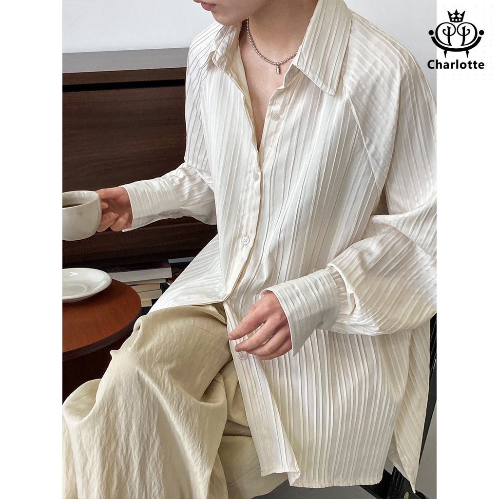 French simple textured vertical striped shirt long-sleeved shirt pleated short front and long back shirt [CHSH89]