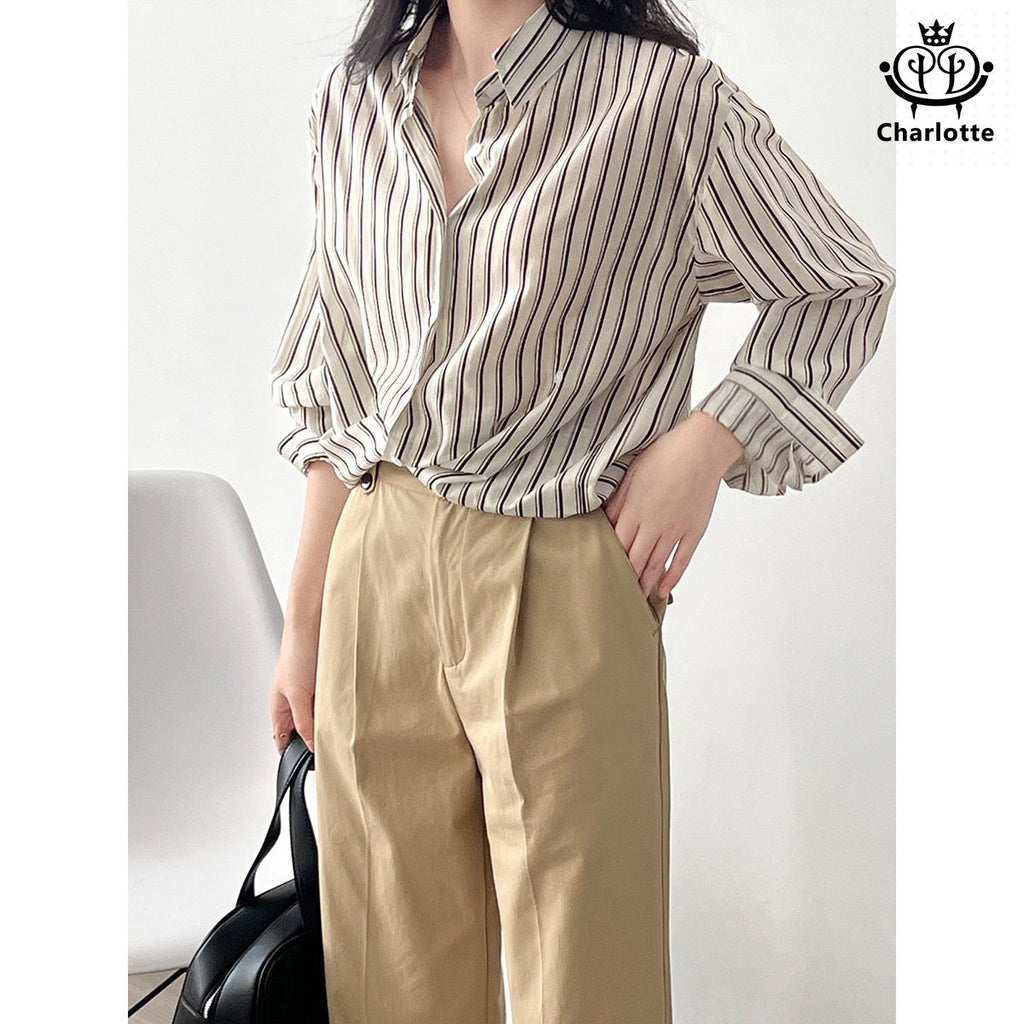 French classic black and white striped shirt long-sleeved shirt lapel shirt [CHSH90]