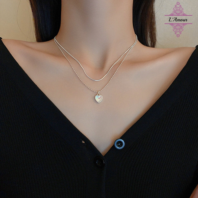 Fashionable and scheming pearl love double-layer necklace fresh and sweet clavicle chain [LA139]