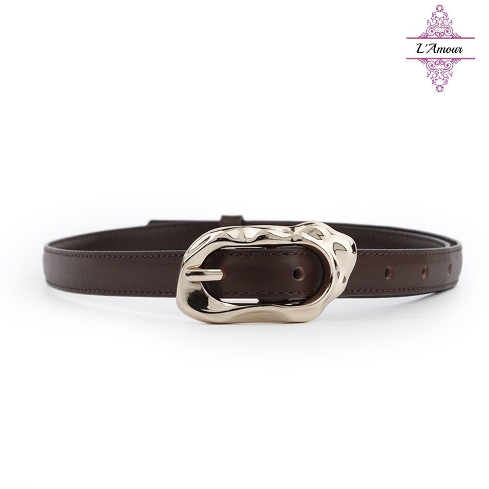 British irregular oval metal buckle belt calfskin pin buckle belt [LA132]