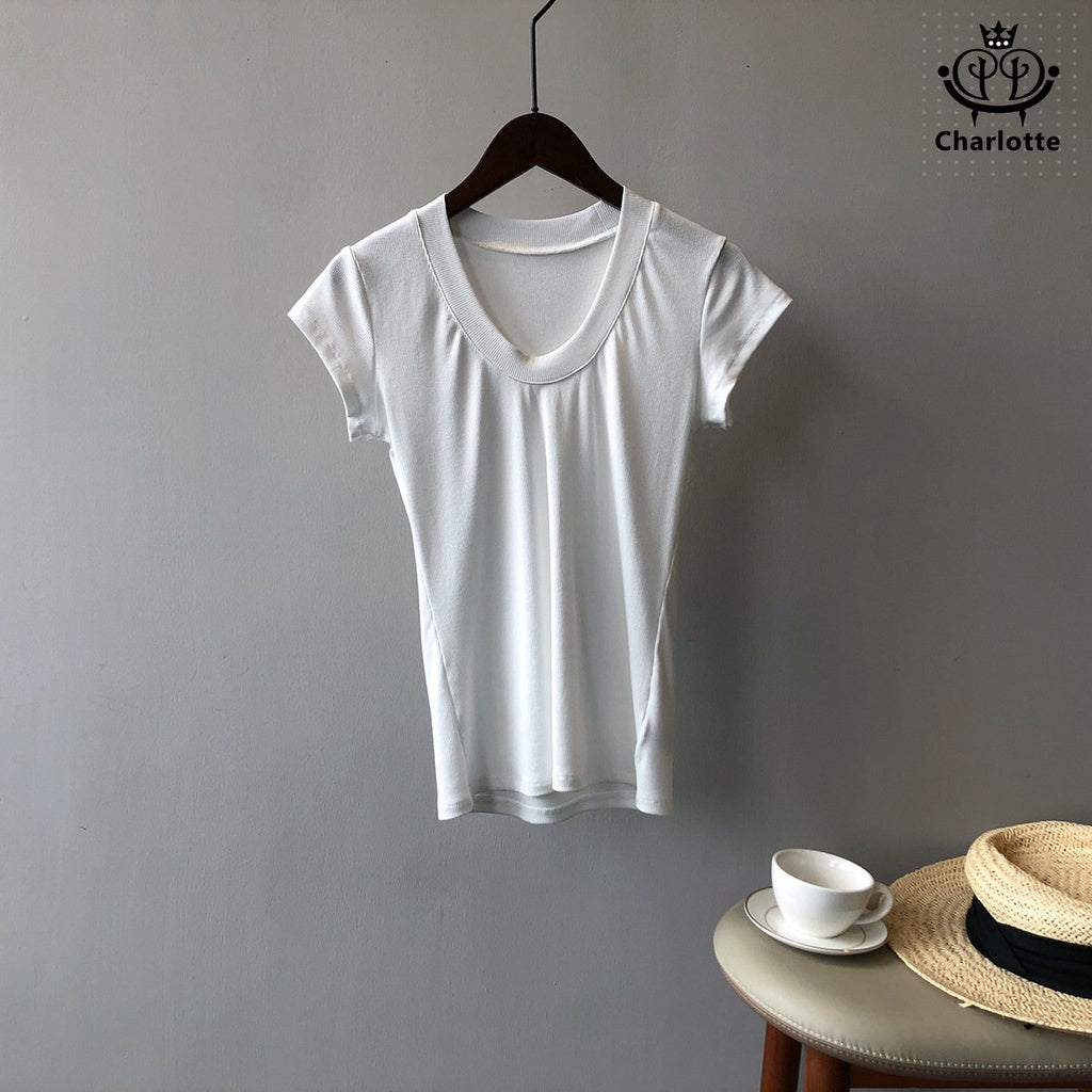 French simple U-neck slim stretch short-sleeved T-shirt cool short T [CHT18]