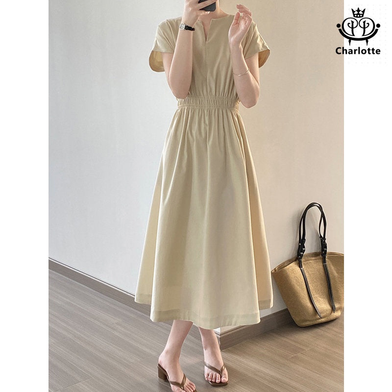 French style imitation linen dress V-neck dress V-neck waist style A-line long skirt [CHSK111]