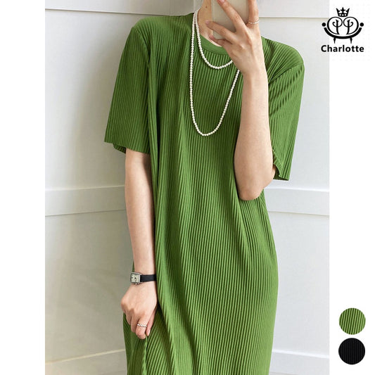 Cool and slippery summer lazy pullover pleated T-shirt long dress drapey dress [CHSK99]