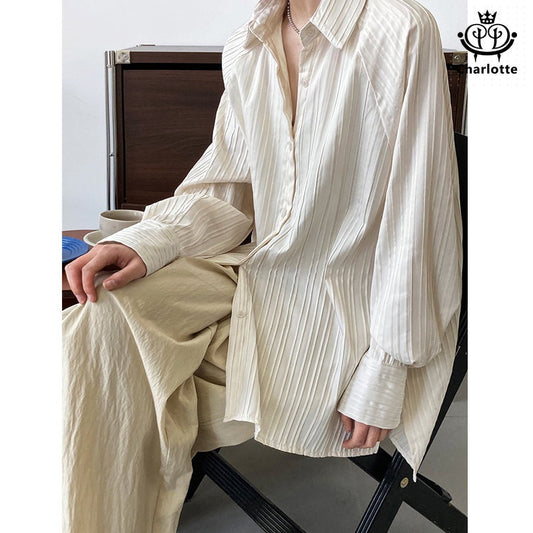 French simple textured vertical striped shirt long-sleeved shirt pleated short front and long back shirt [CHSH89]