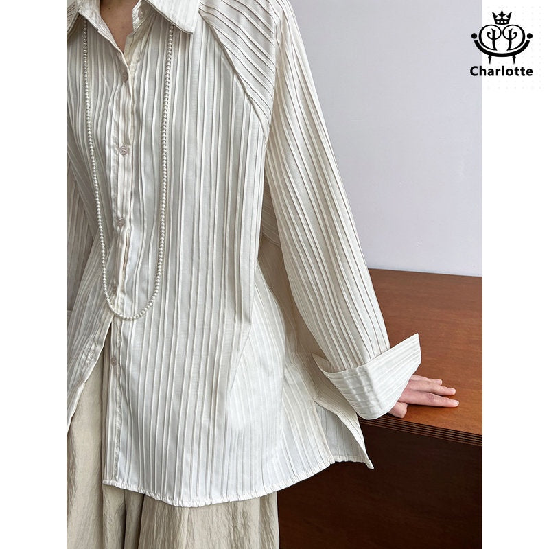 French simple textured vertical striped shirt long-sleeved shirt pleated short front and long back shirt [CHSH89]