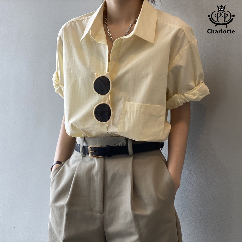 French solid color short-sleeved shirt lapel shirt [CHSH91]