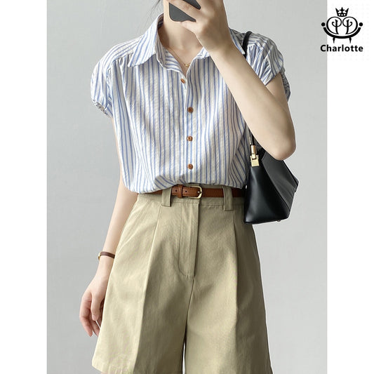 French vertical striped flying sleeve short-sleeved shirt striped shirt [CHSH99]