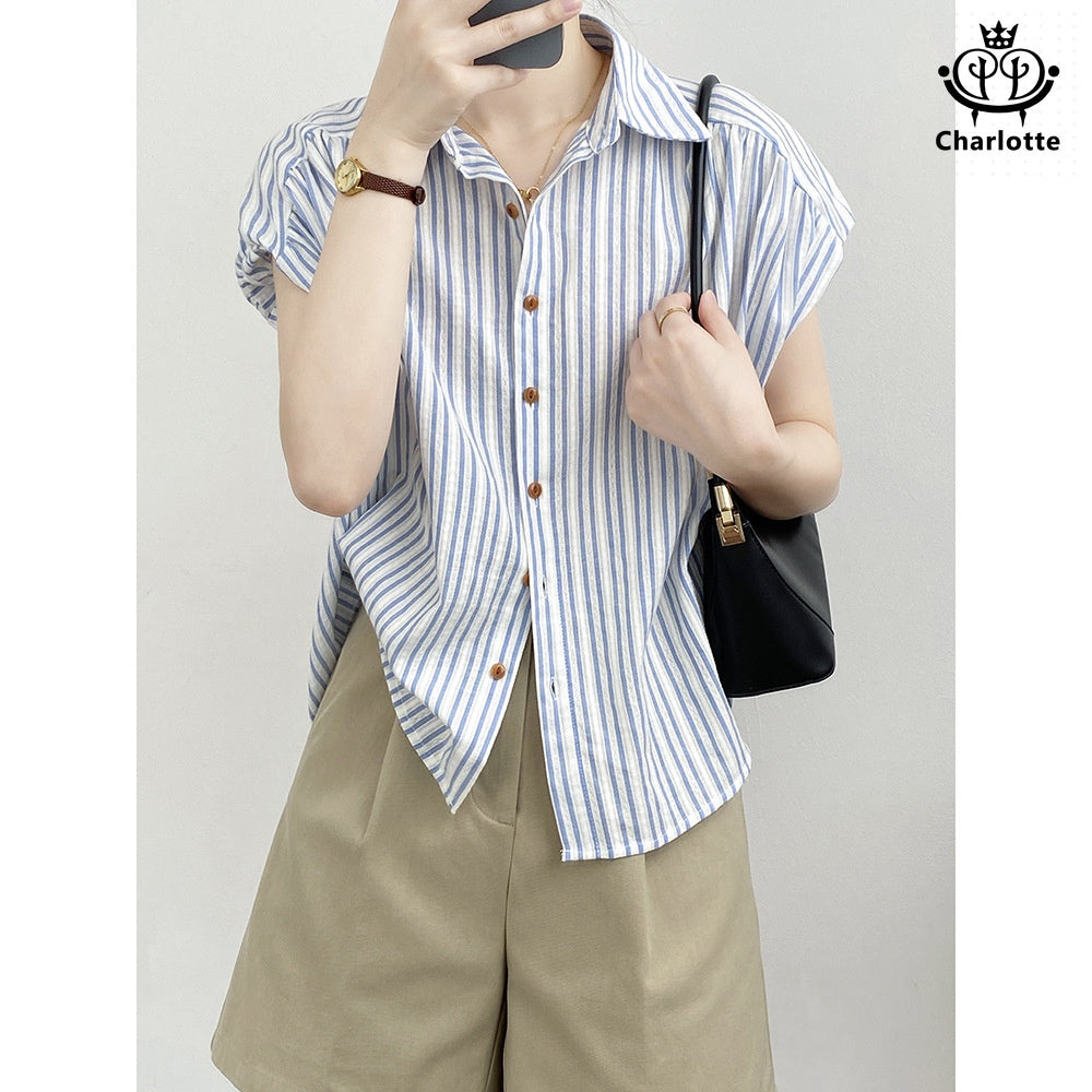 French vertical striped flying sleeve short-sleeved shirt striped shirt [CHSH99]