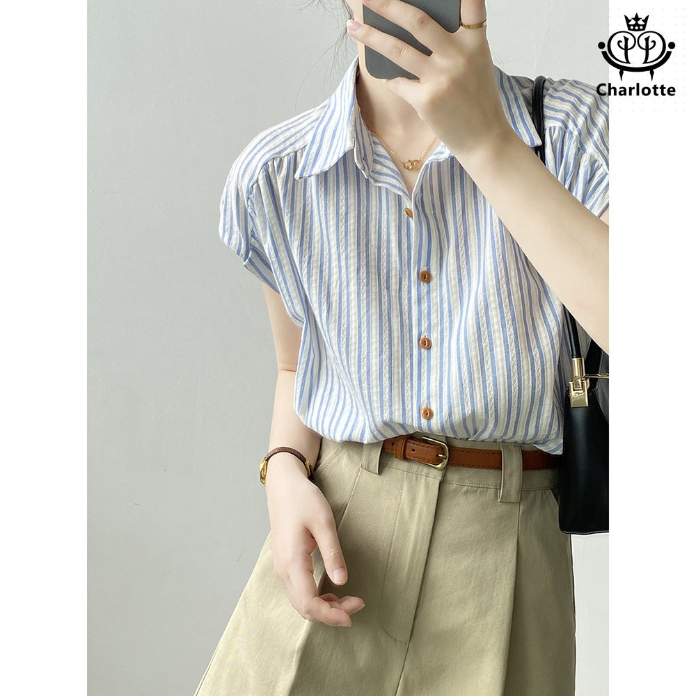 French vertical striped flying sleeve short-sleeved shirt striped shirt [CHSH99]